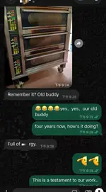 WhatsApp screenshot: Guatemala customer showing HNH oven still running after 4 years
