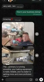 WhatsApp screenshot: Ireland bakery owner praising HNH baking equipment reliability