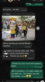 WhatsApp screenshot: customer Remi thanking HNH during annual Bread Festival
